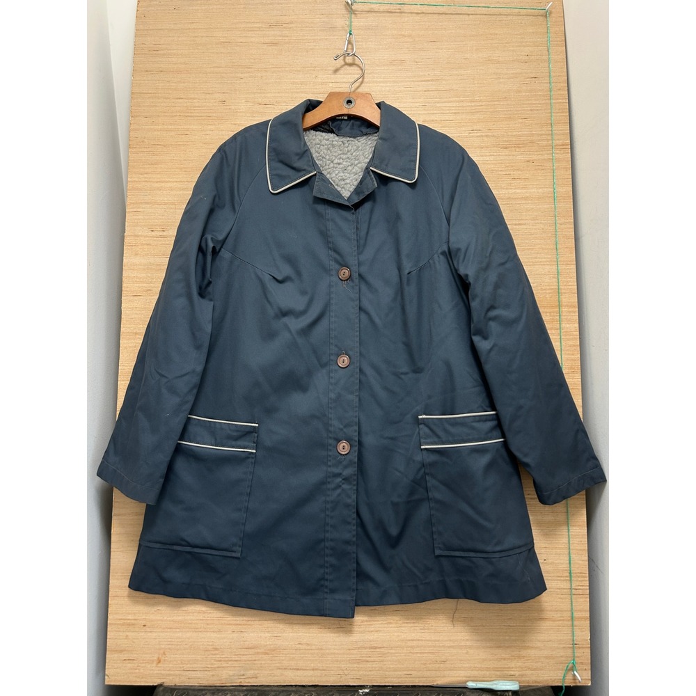 Rain or Shine Vintage Navy Blue Car Coat Zip Out Faux Shearling Liner Womens 10